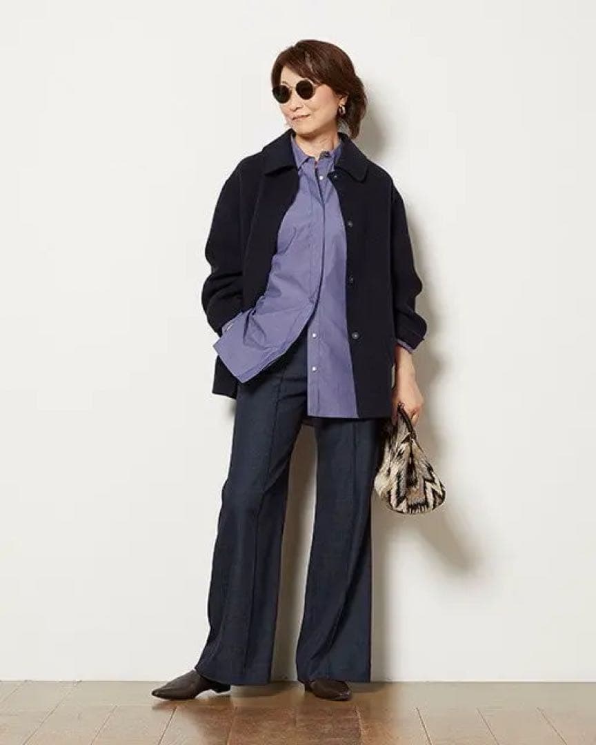 ドゥクラッセ カシミヤ混ウールリバーステンカラーコート ネイビー