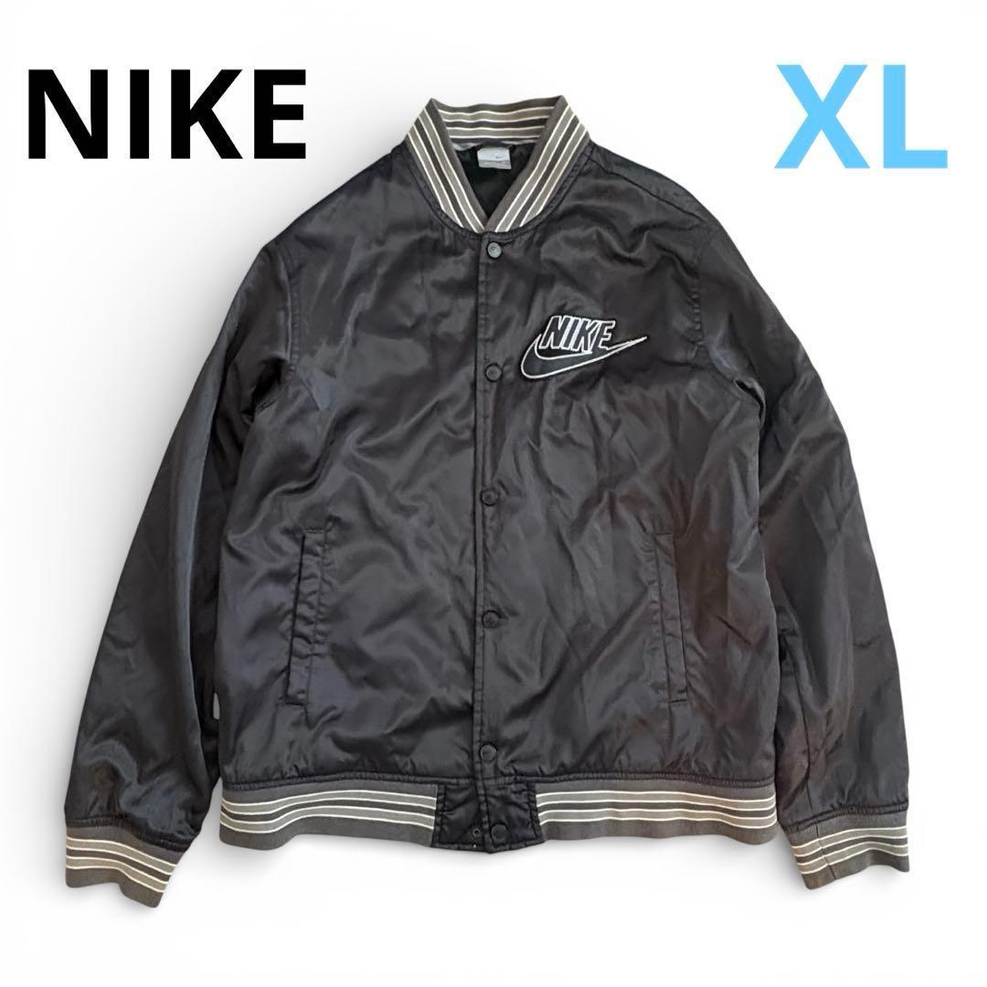 NIKE オールドスクール サテンスタジャン XL 黒 銀 刺繍ロゴ - メルカリ