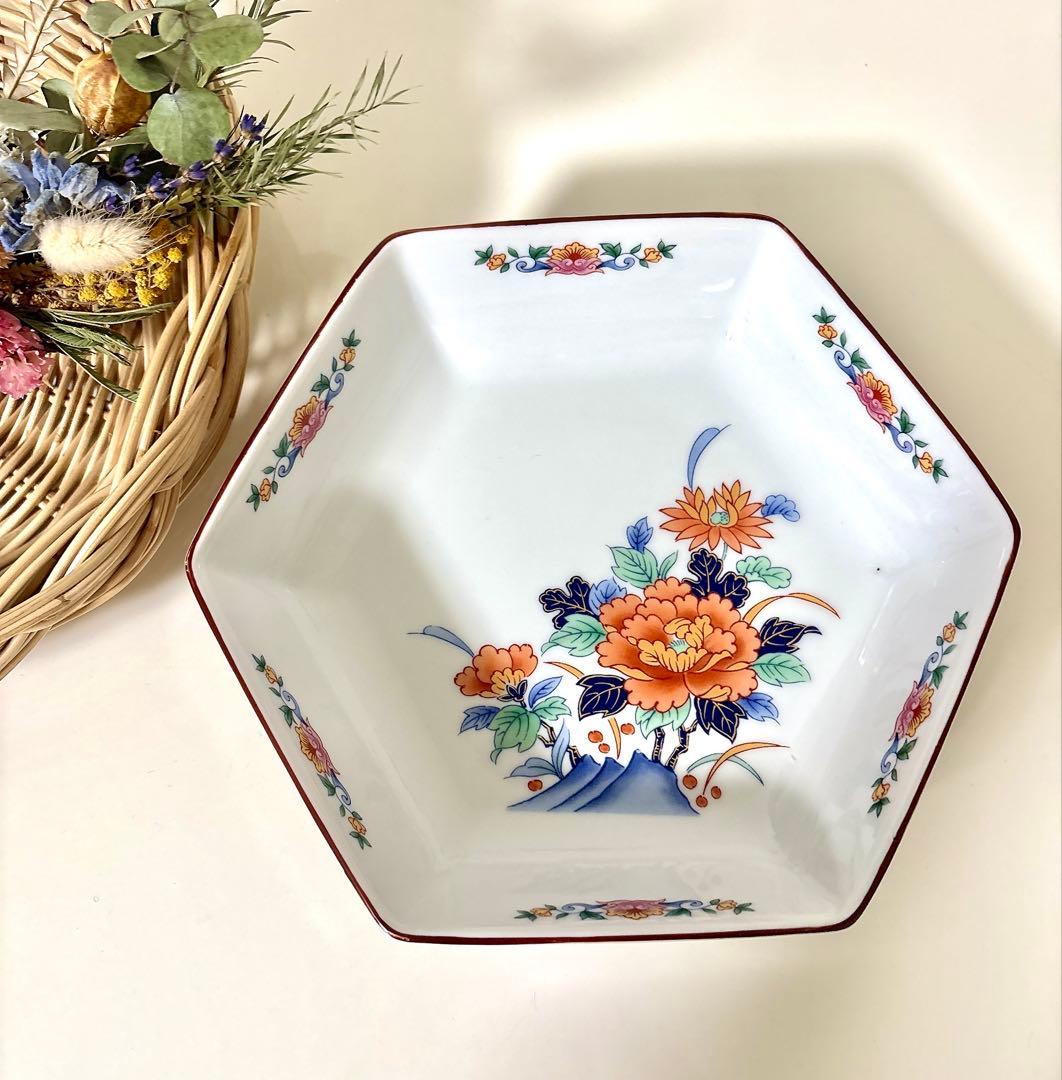 有田焼 陶峰窯 中鉢 古伊万里 色絵 牡丹 菊 梅 花文様 六角中鉢 1点