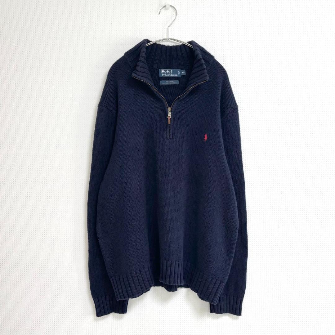 美品 ポロラルフローレン ハーフジップ コットンニット XL ネイビー