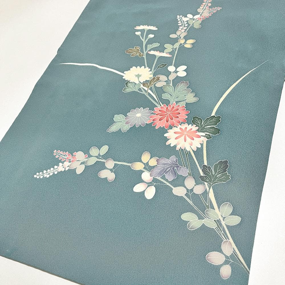 十日町友禅 正絹 訪問着 ちりめん 水色 手描友禅 №ymk0049