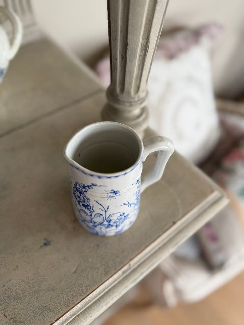 フランスアンティーク陶器リュネビィル窯Mesange 青い花と小鳥の