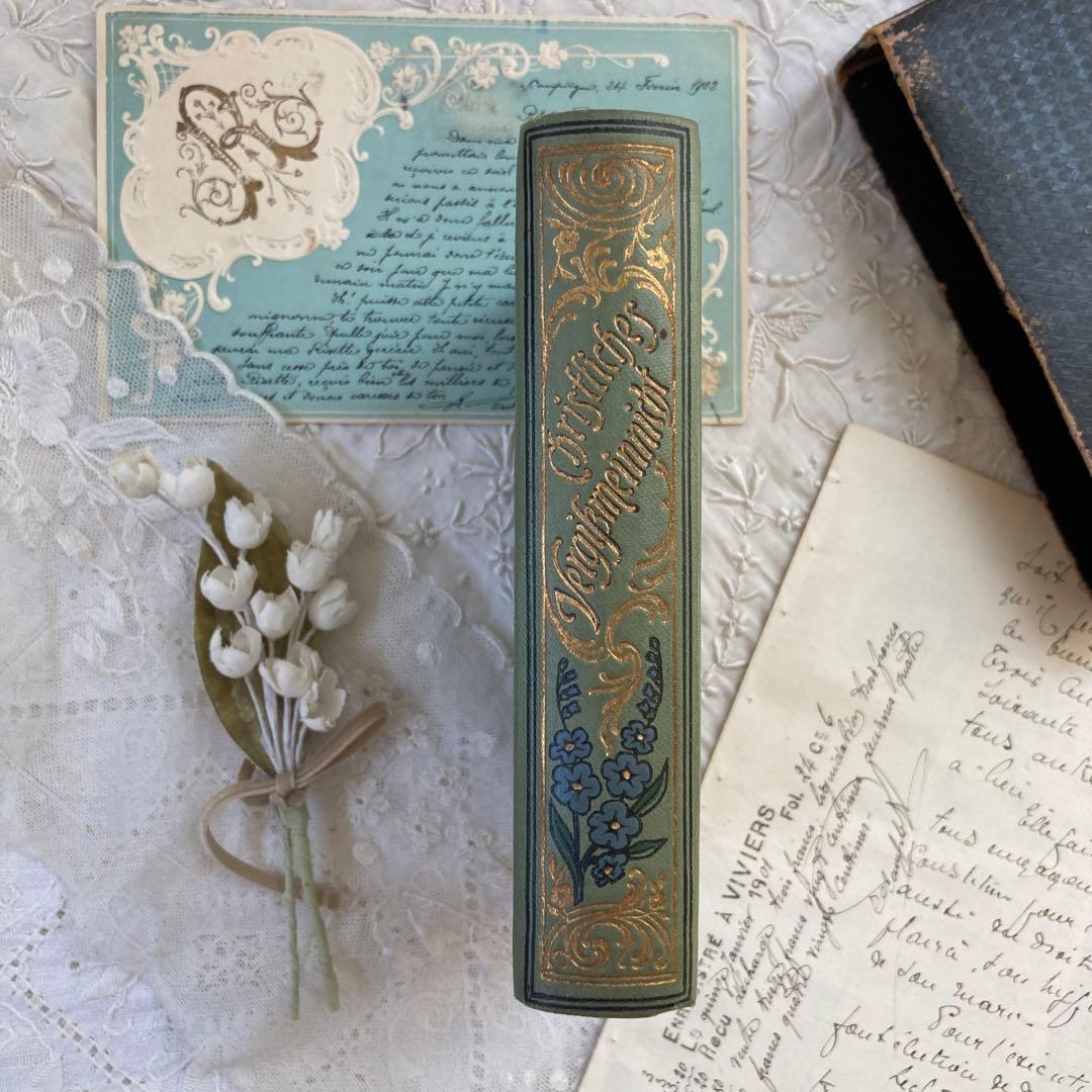 L-314洋書古書ドイツアンティーク金彩わすれな草の装丁のメモリアル