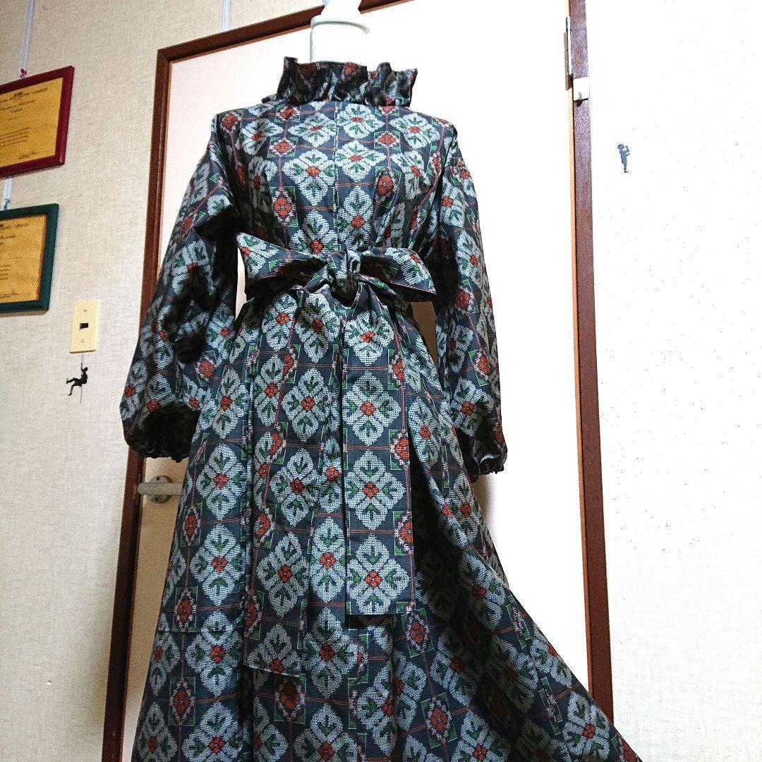 村山大島紬】着物リメイクワンピースsizeフリー No.187ハンドメイド