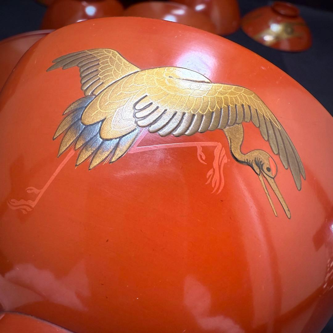 漆器 輪島塗 金蒔絵松鶴文 木製 蓋付椀 お煮物椀 吸物椀 5客 骨董品