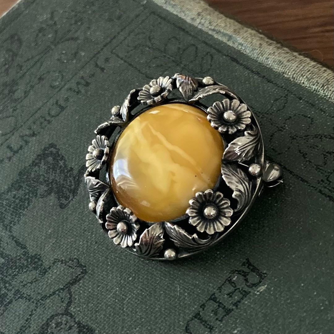 希少＊ヴィンテージ＊N.E.FROM 琥珀　ブローチ　デイジー　シルバー　北欧