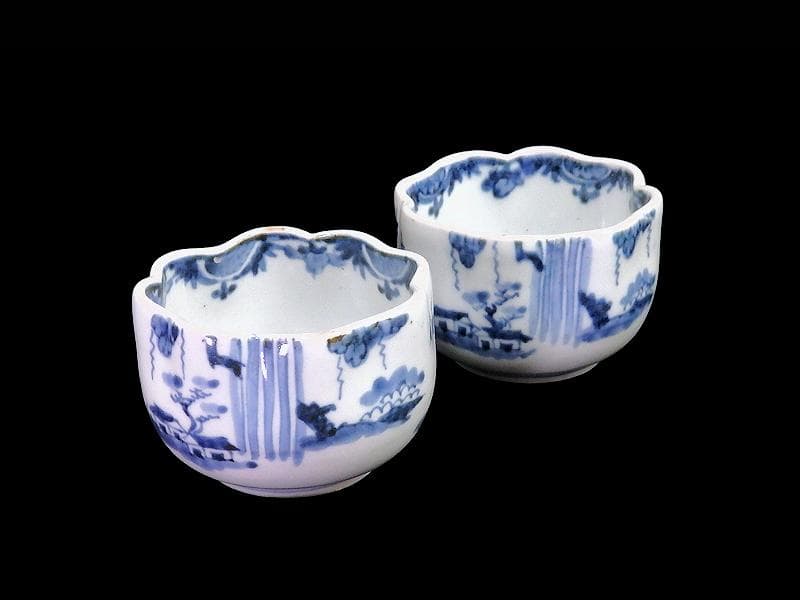 古伊万里　染付　山水の図　変形向付　２客　B072AS-fbvb 古伊万里 染付 型刷り印判 富士に龍図 5寸皿 2枚セット