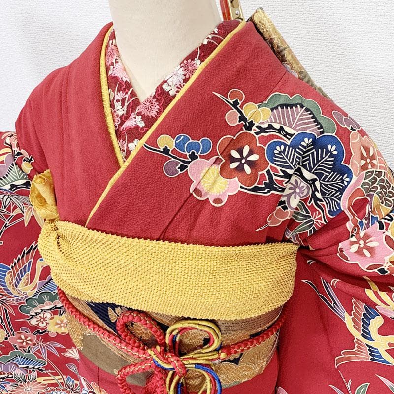 509z44☆さが美 紅型振袖 古典柄 松竹梅 燕 赤×黒☆美品 成人式 結婚式