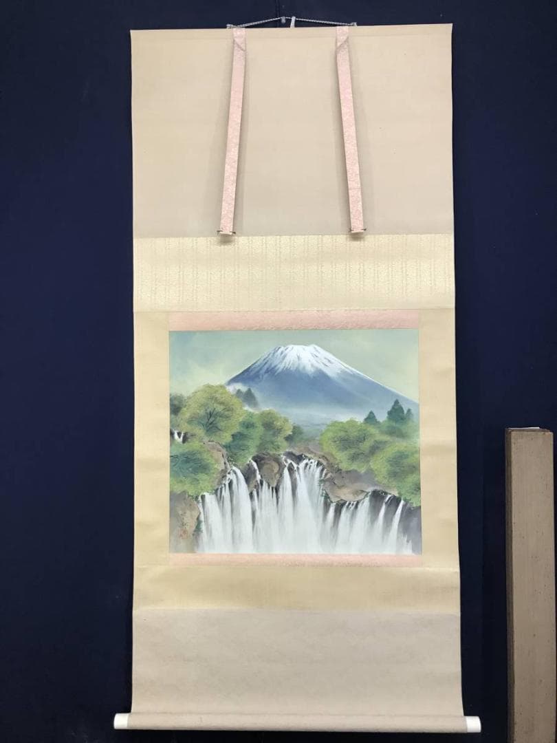 真作/堀江春斎/富士に白糸滝図/富士山図/滝/富岳図/掛軸/名家伝来AE