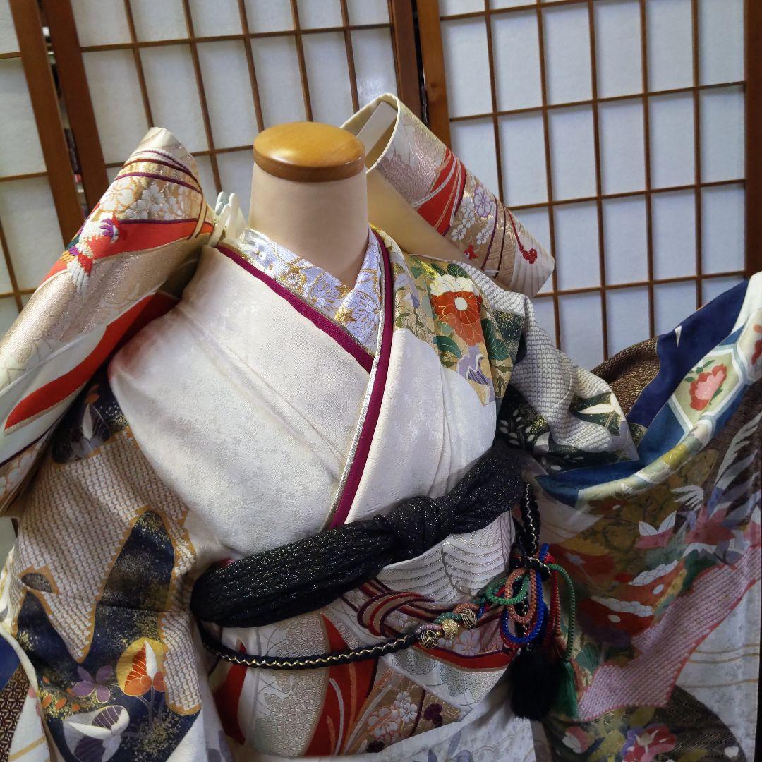 476アイボリー金彩 古典 正絹振袖6点フルセット 成人式卒業式謝恩会