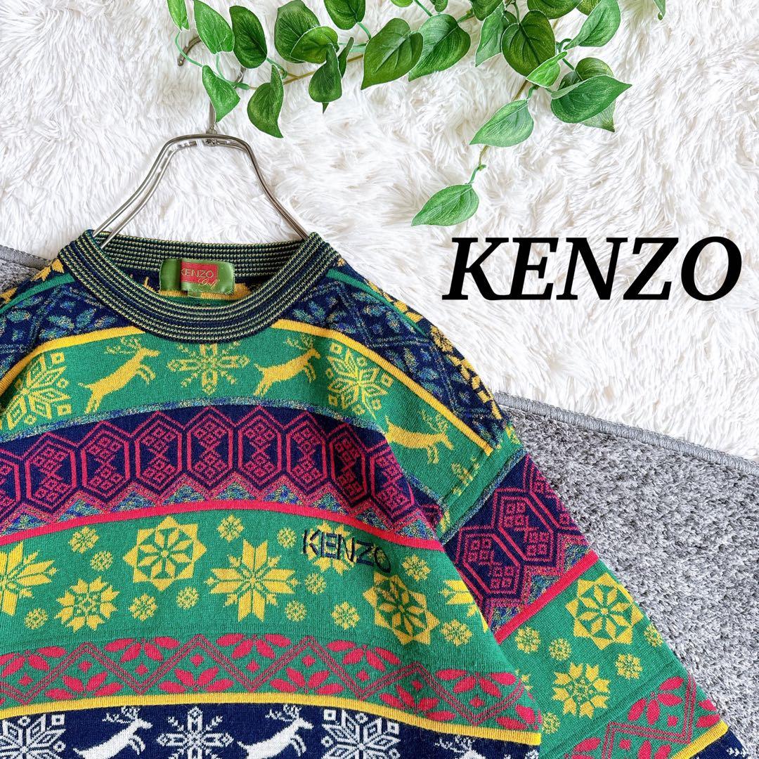 希少　美品　オールド　ケンゾー　総柄 ニット　切り替え　刺繍ロゴ　ウール混 希少 美品 オールド ケンゾー 総柄 ニット 切り替え 刺繍ロゴ ウール混