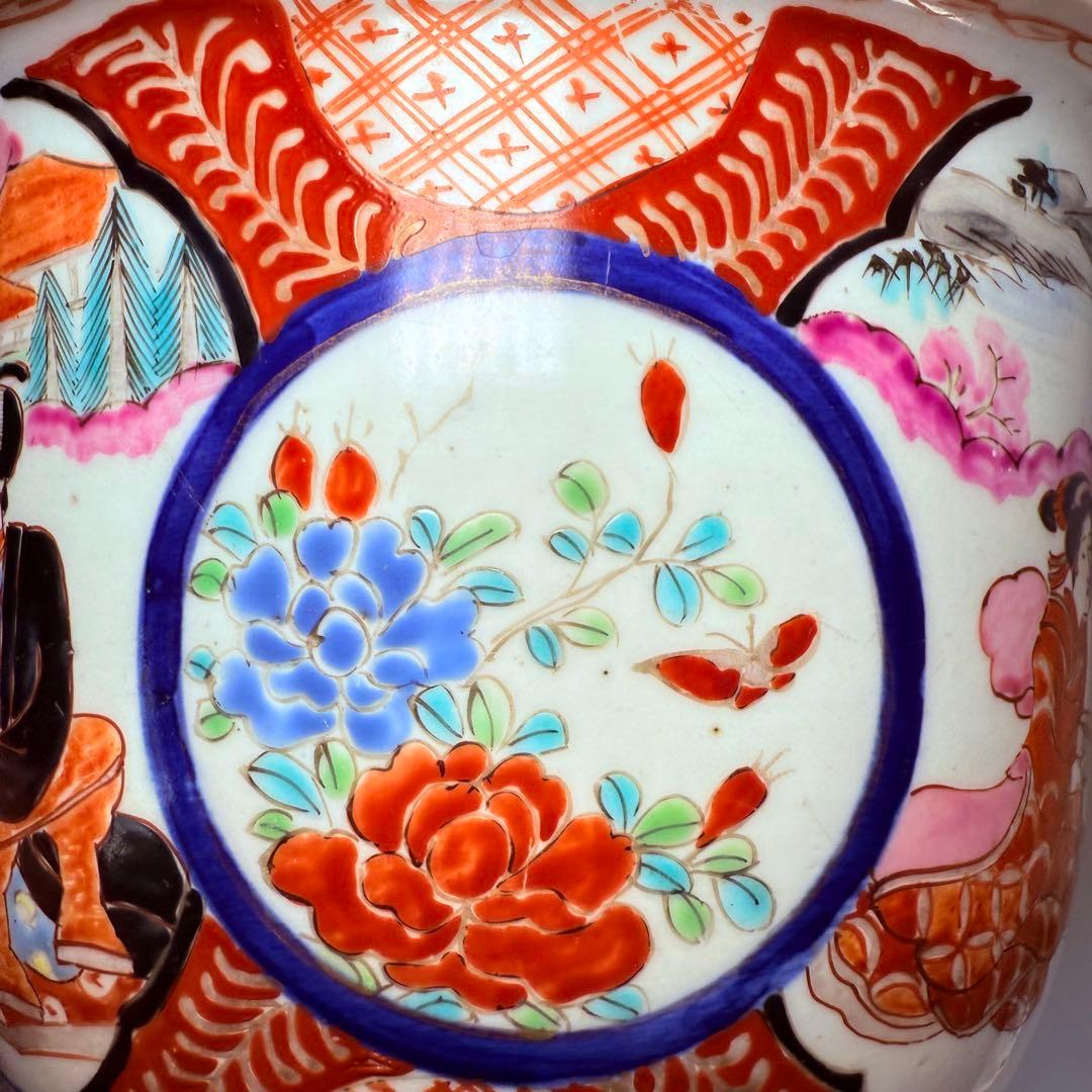 明治～大正期 輸出向 有田焼 色絵人物図 窓絵 アンティーク 植木鉢