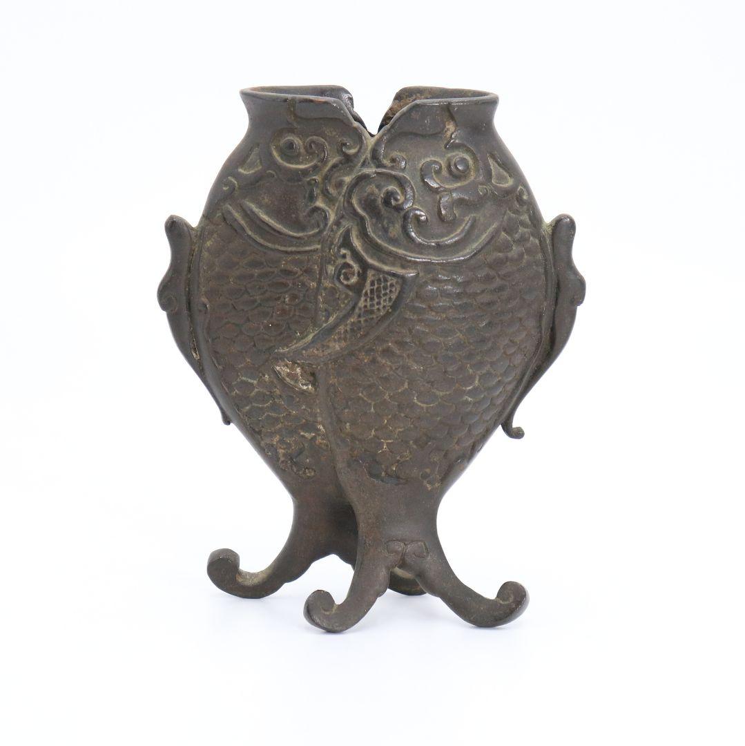 中国 古銅製 双魚花入 花器 花生 魚文 銅器 N64