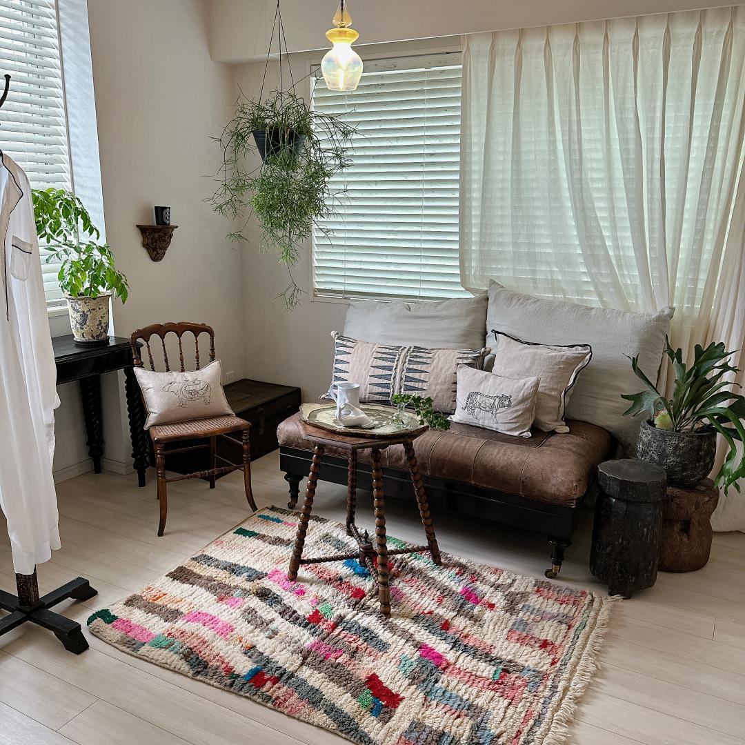 モロッコ製ヴィンテージラグ143 レア マゼンタピンク ミントグリーン