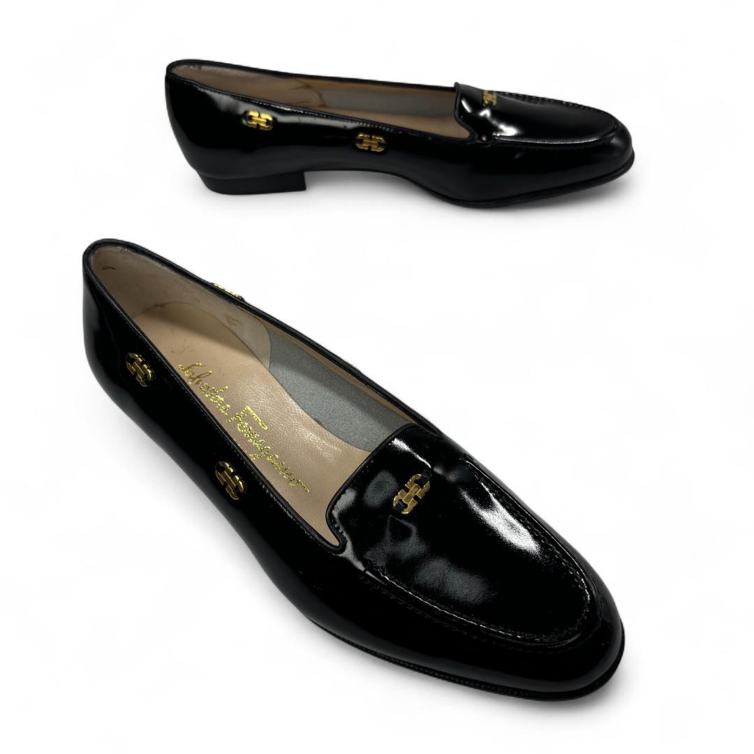 美品 フェラガモ ガンチーニ フラットシューズ 黒 6.5C 約24cm