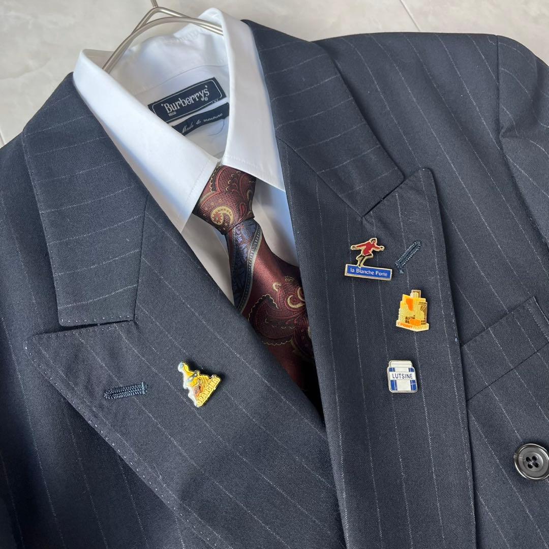 90s 豪華5点セット ダブルスーツ シャツ YSLネクタイ ピンズ ネイビー
