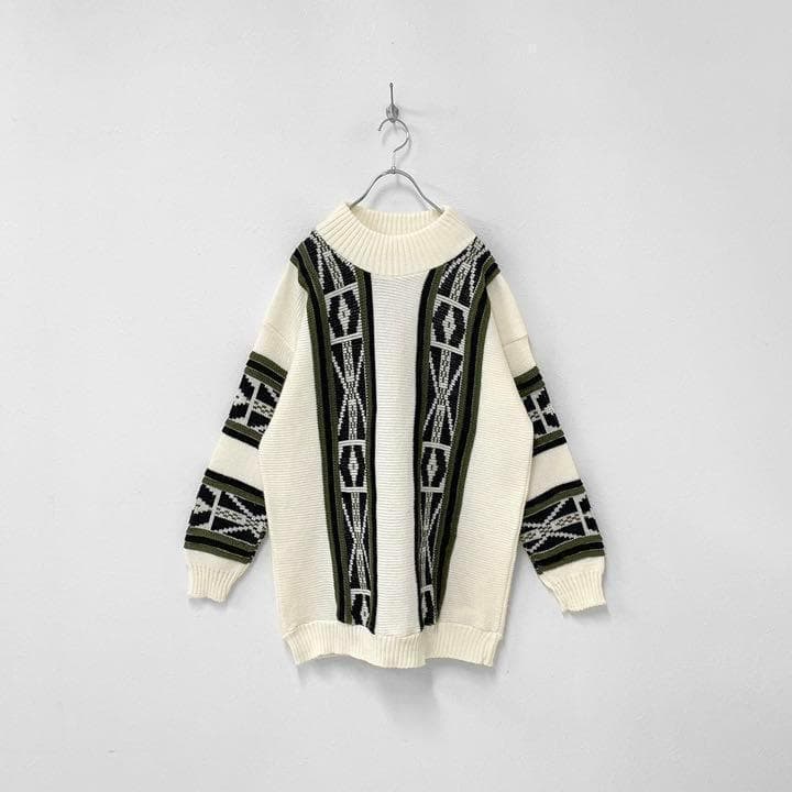 美品 ヴィンテージ 80s USA製 セーター モックネック 3D ニット 白