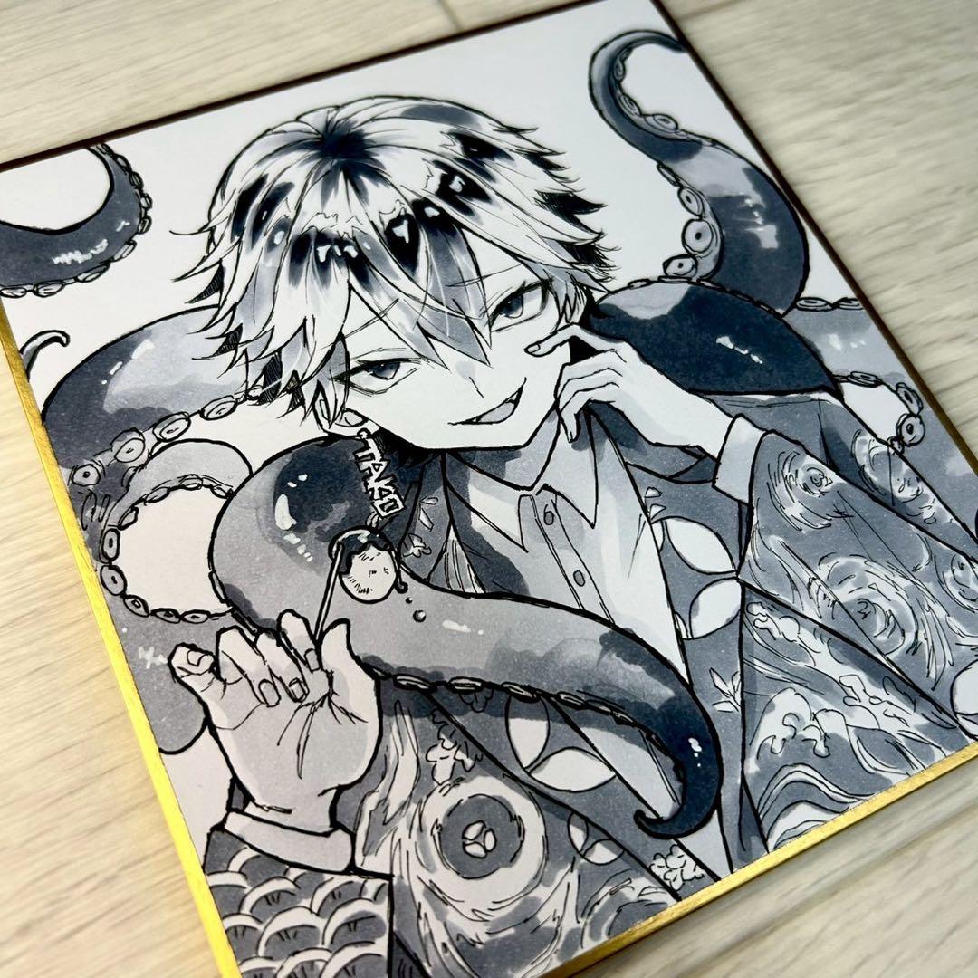 原画一点物】オリジナル男子 手描き色紙イラスト たこ焼き モチーフ