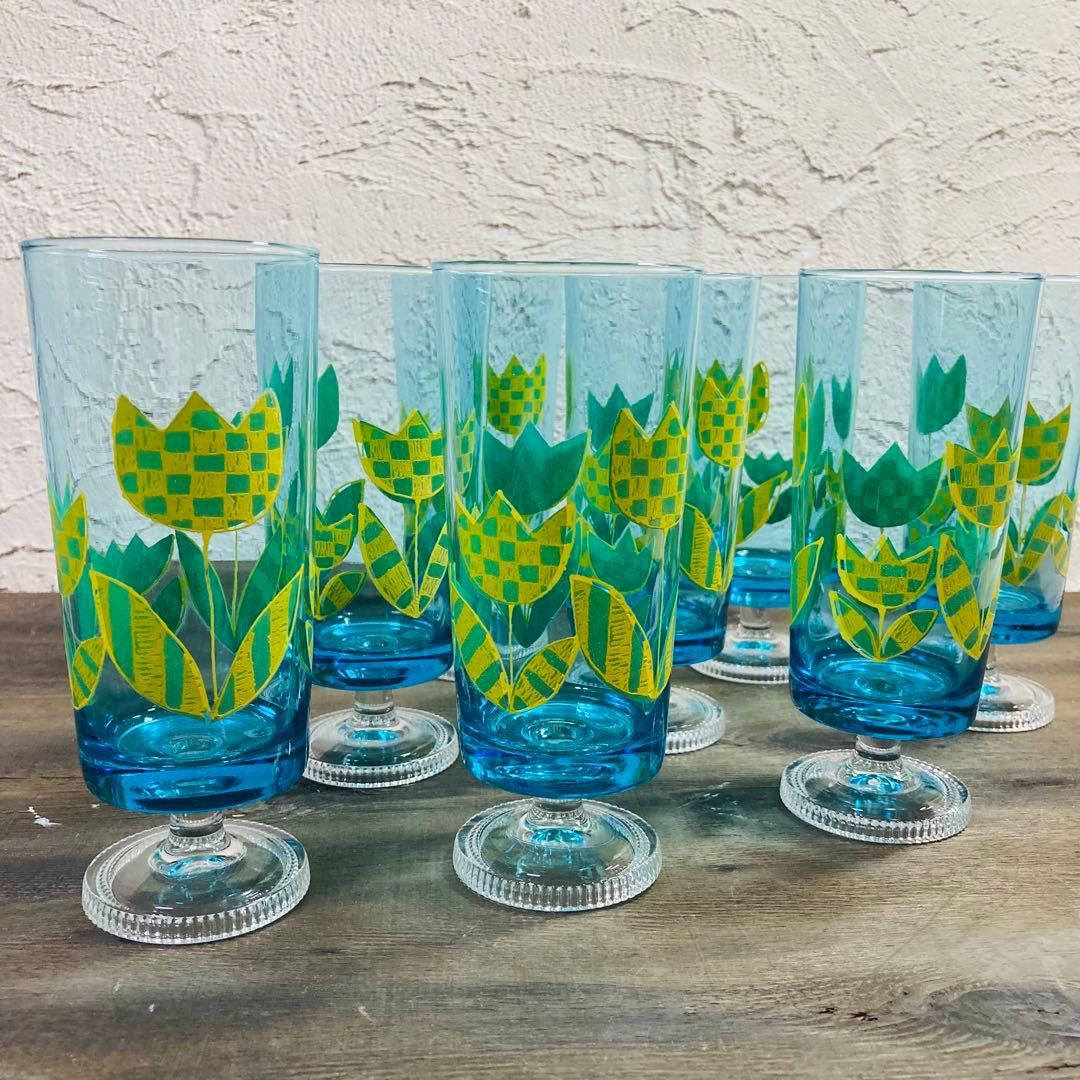 昭和レトロ 激レア アデリア脚付グラス 8脚 花柄 ADERIA ビンテージ ADERIA アデリア レトロ 脚付きグラス 305ml ガラス 昭和レトロ 食器