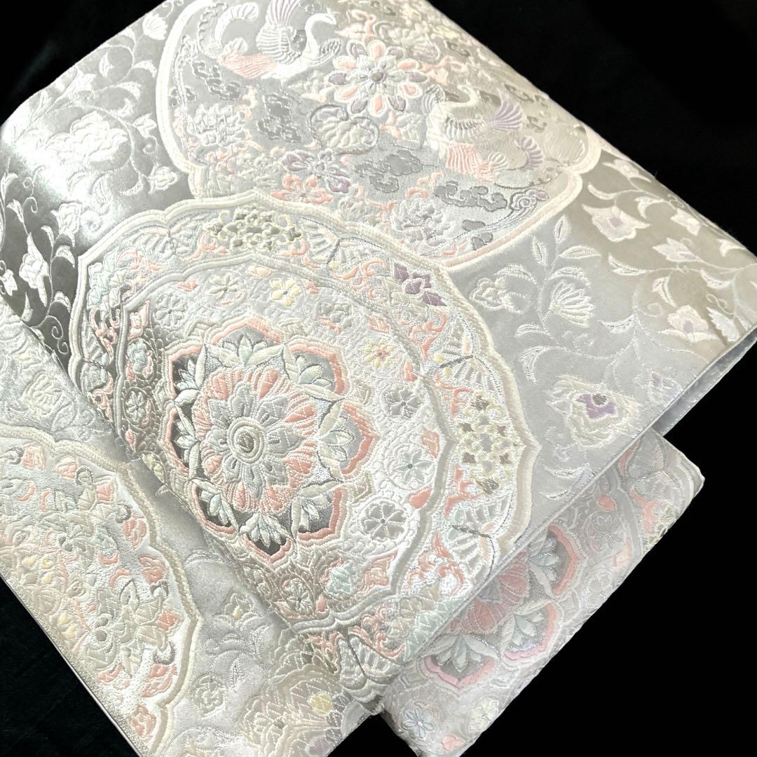 袋帯 ワンタッチ作り帯 マジックテープ 二重太鼓 プラチナ箔【法隆寺