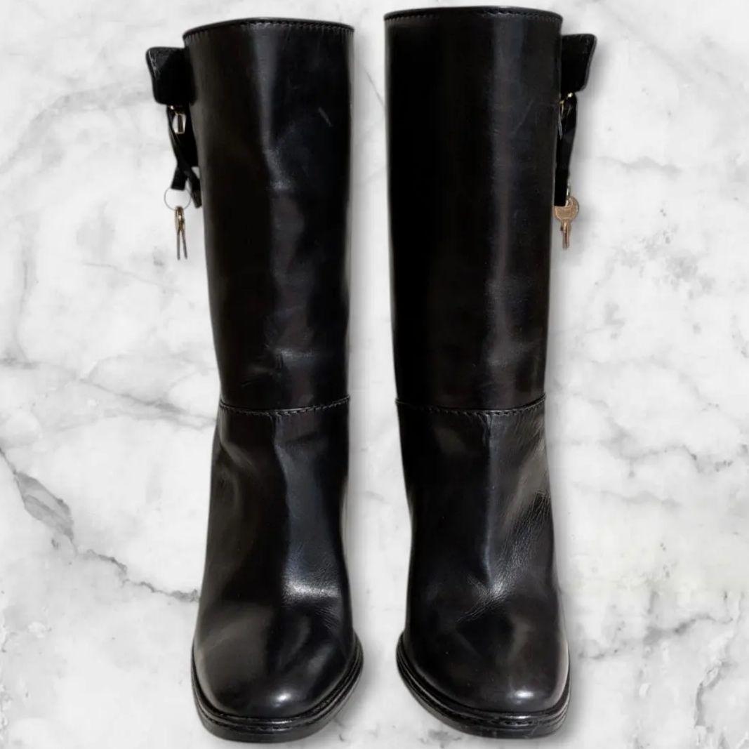 良品 Dolce & Gabbana 黒革 ショートブーツ 23cm 南京錠雪冬