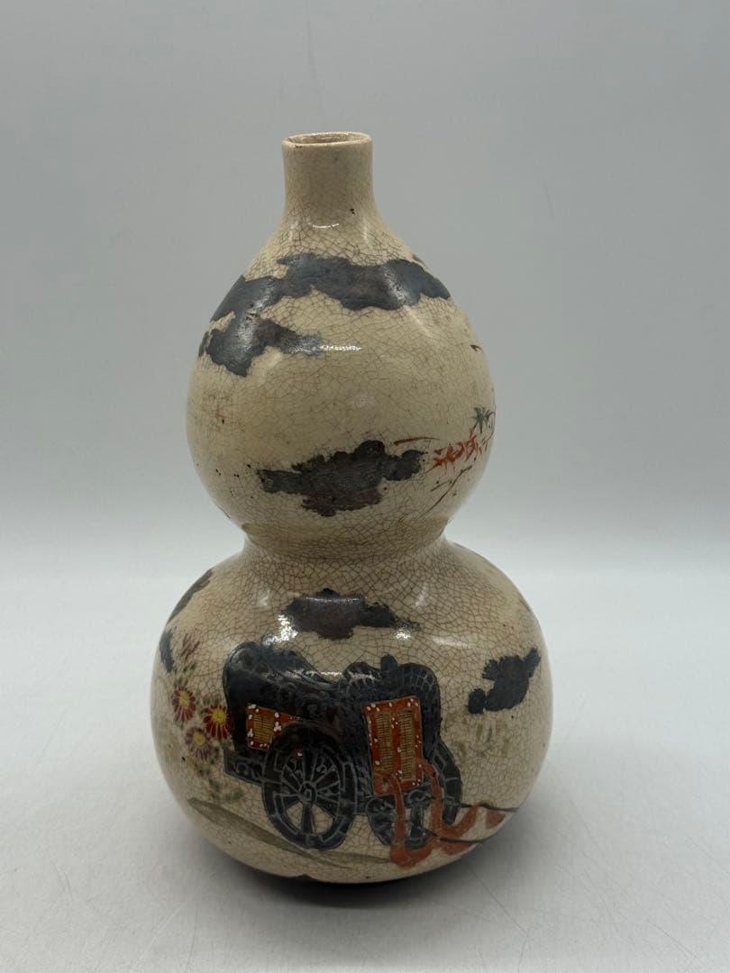 時代 仁清作 色絵金銀彩瓢箪型花車紋 共箱 茶道具 送料込み260122