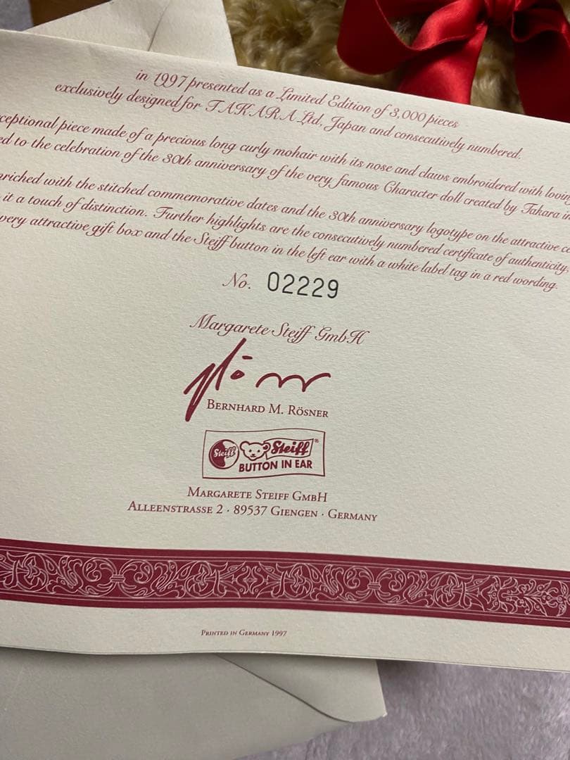 Steiff シュタイフ社 リカ 30周年記念 3000体限定