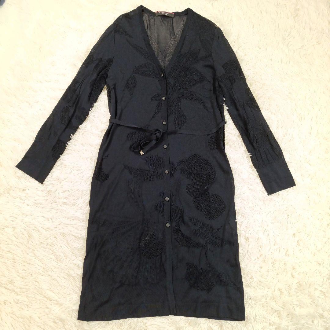 レオナール LEONARD ロングカーディガン ベルト ロング丈 ネイビー