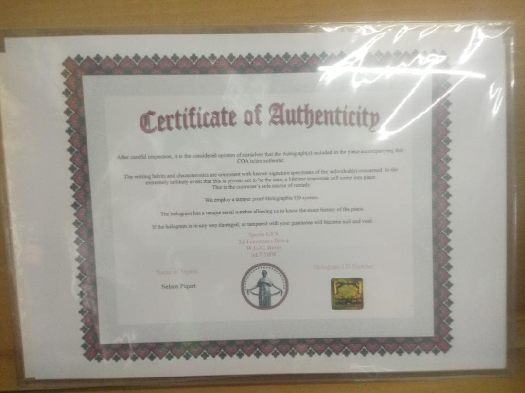 104 F1レーシングドライバー ネルソン・ピケ 直筆サイン入り写真 証明