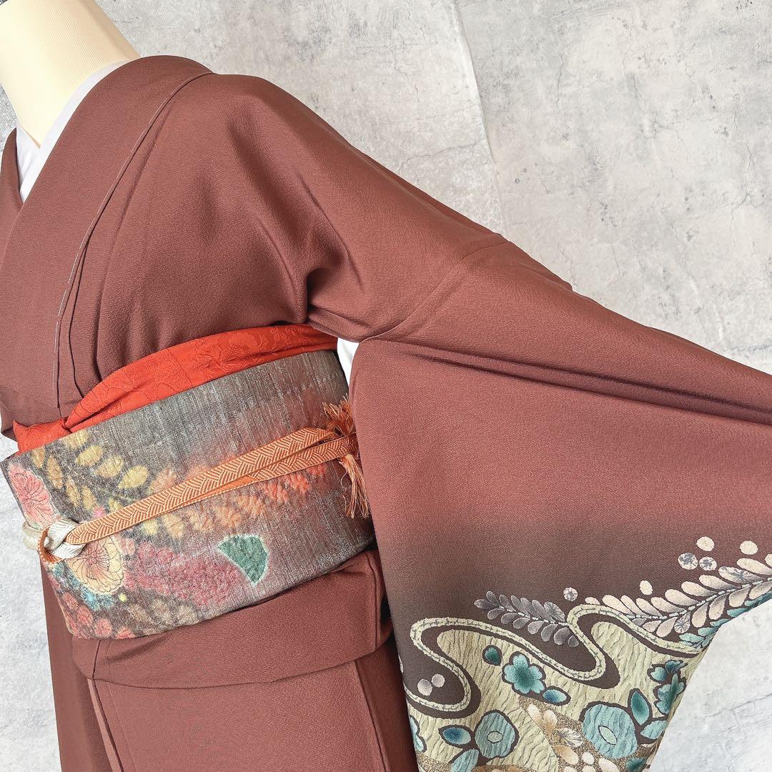 訪問着フルセット 辻が花 ヤマト謹製 着物 正絹 茶色 裄丈68cm 着物