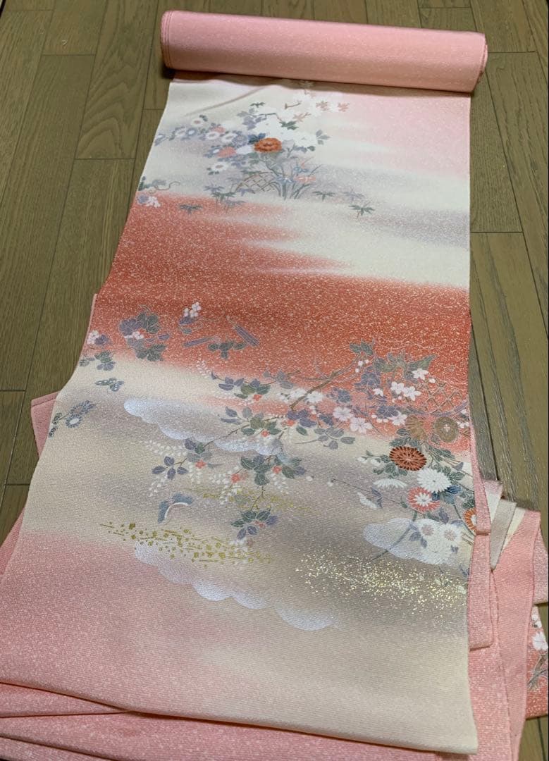 正絹 花柄 付け下げ着物反物 ピンク 12.5m