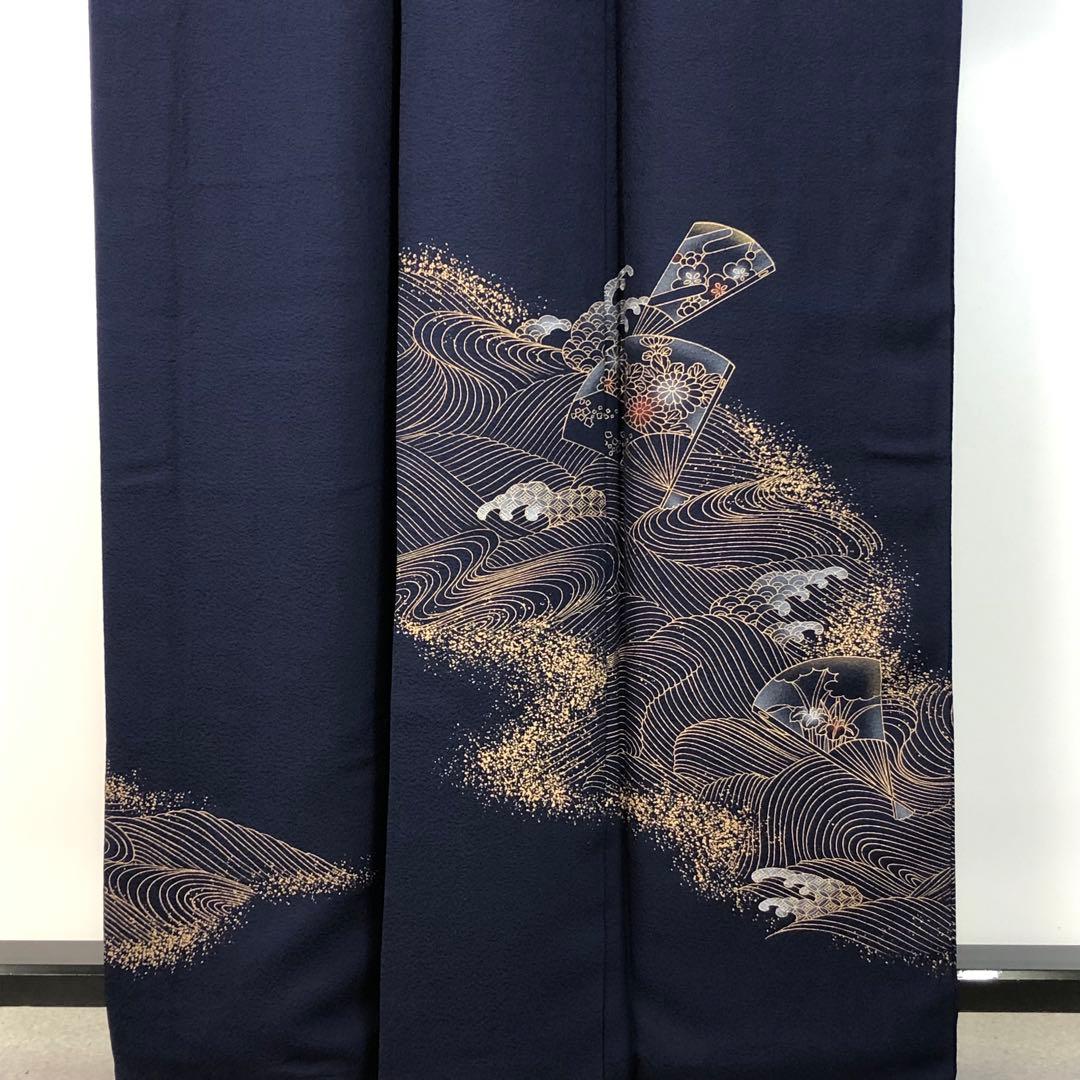 付下げ 波模様に扇子に花柄模様 金彩 KK-2138 - メルカリ
