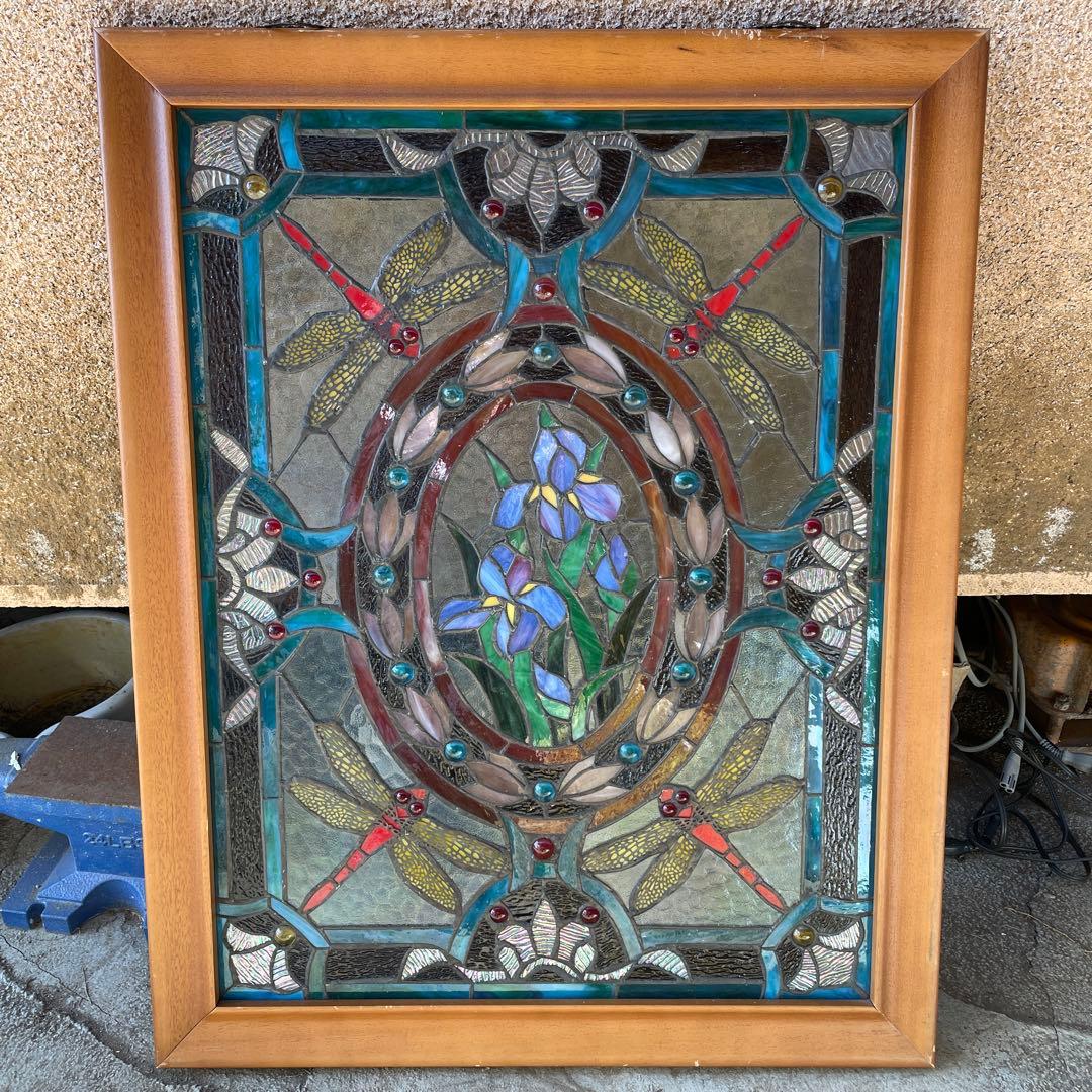 ハ*8様 ステンドグラス パネル 花とトンボ 約72×57cm 壁掛け オブジェ ステンドグラス 高級アートパネル インテリア壁掛け（Ap.62 水辺の
