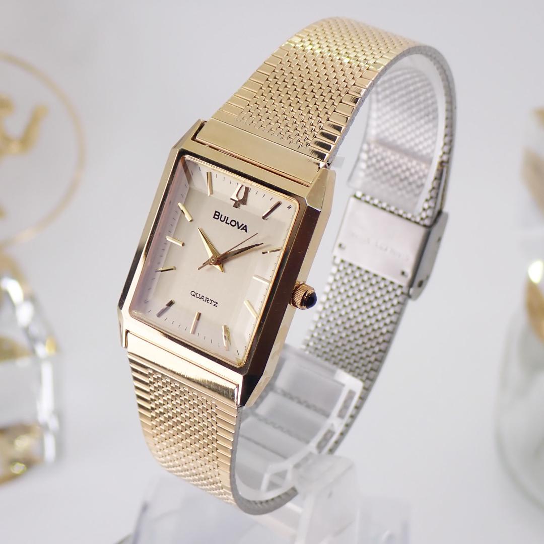 稼働☆ ブローバ BULOVA 腕時計 クォーツ ゴールド レクタンギュラー
