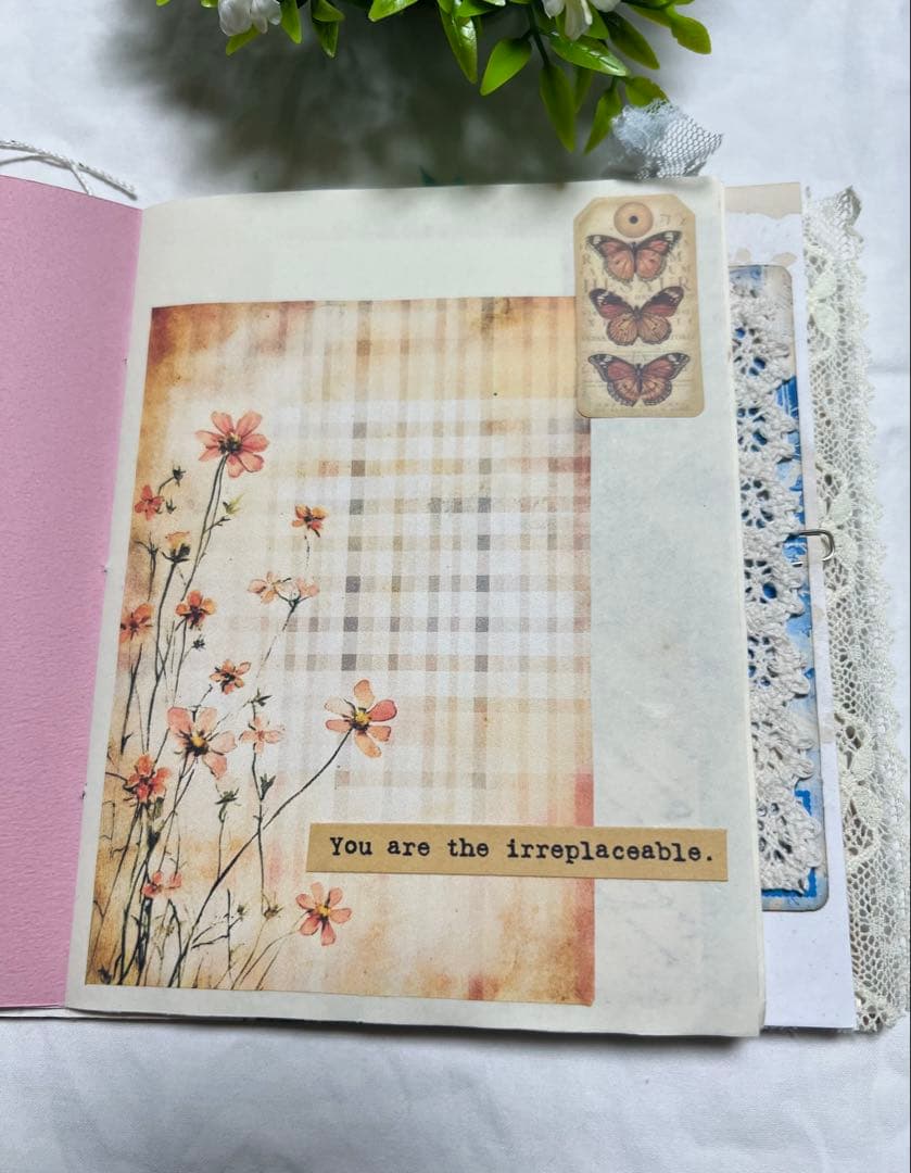 ジャンクジャーナル 花 ハンカチモチーフ 雑記帳 日記帳 コラージュ