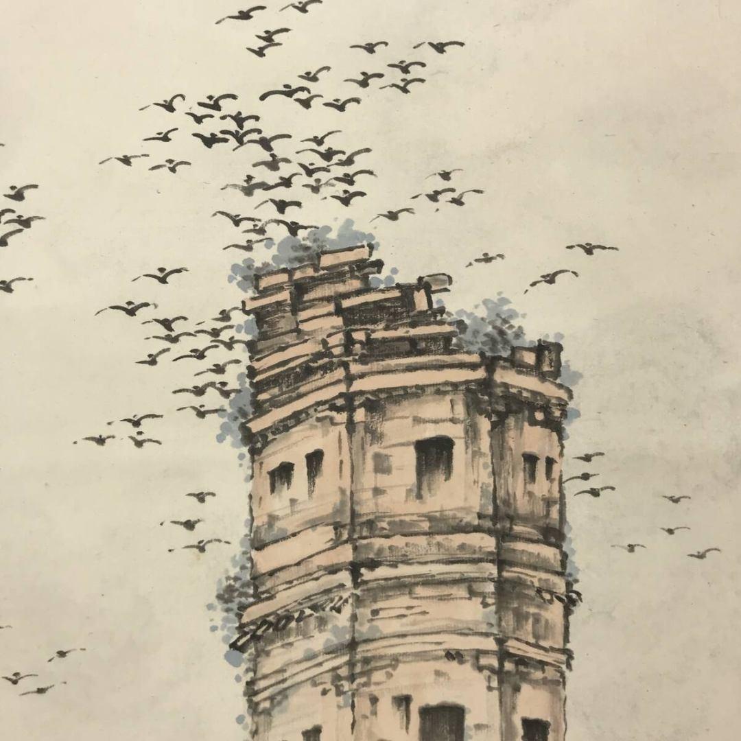 真作/高橋来潮/枯木寒鴉図/中国古塔/晩秋の掛軸/掛軸☆宝船☆AK