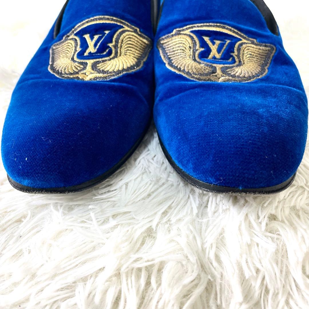 ルイヴィトン　オペラシューズ　25.5cm ロゴ刺繍　 メンズ　ブルー　ベロア