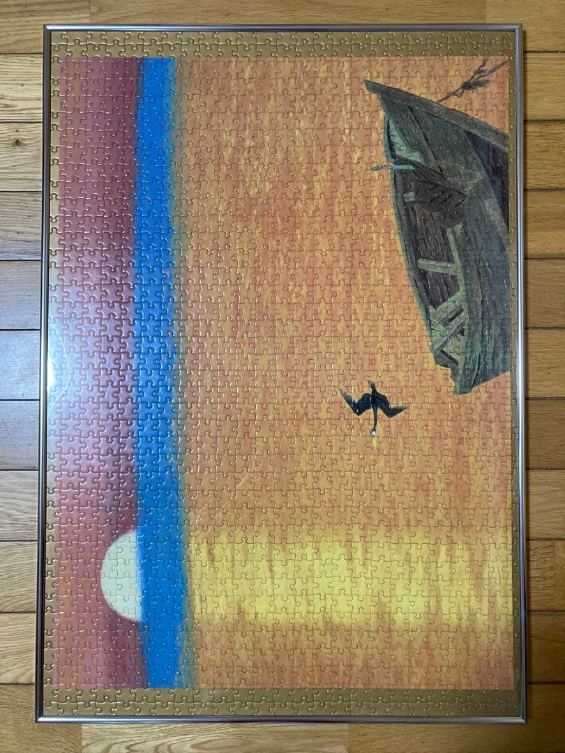 千P⑫夕日にボートと鳥 ジグソーパズル 金属額 長良川の鵜飼？夕暮れに飛ぶ