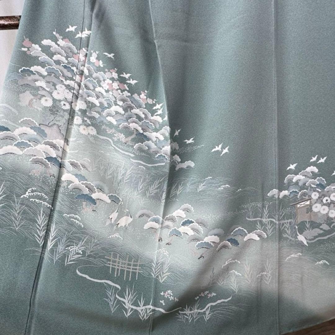 超美品 正絹 袷 現代 訪問着 着物 159裄 65 青緑 薄緑 正統派 松 鶴