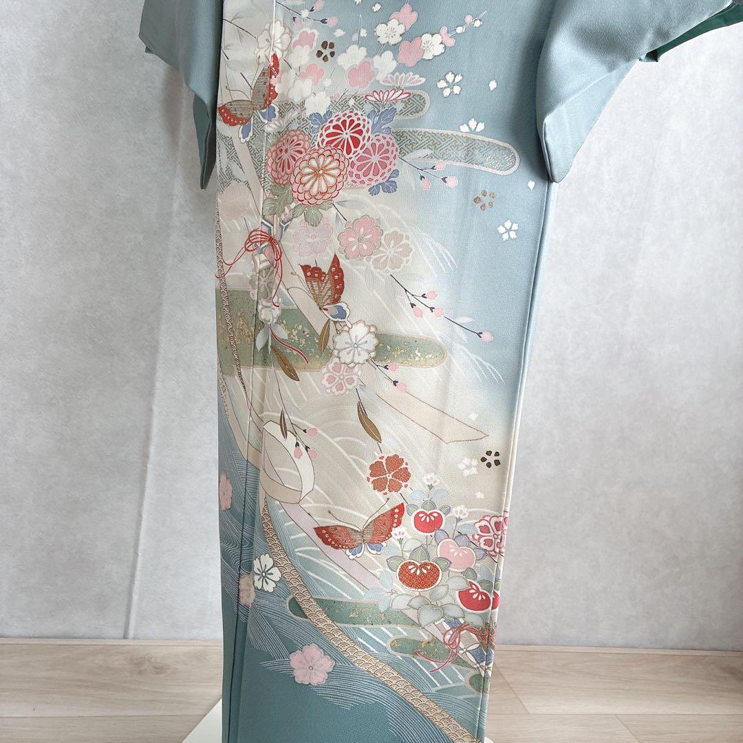 訪問着 フルセット 着物 正絹 蝶に橘 優雅 ブルー 金駒刺繍 G5 - メルカリ