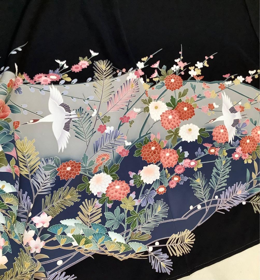 正絹黒留袖 友禅 作家物 飛鶴花松文 ⑧( 訪問着、紬、袋帯なども出品