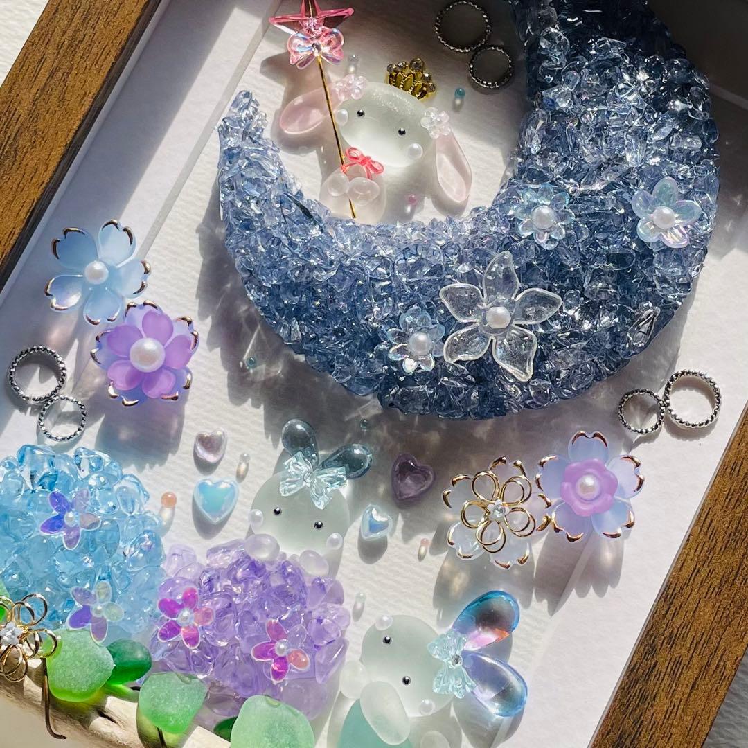 ＊三日月と紫陽花 賑やかな仲間たち＊シーグラスアート 梅雨 シーグラスアート（紫陽花/梅雨/ボックスフレーム付） その他アート