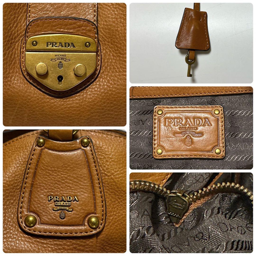 u85【美品】プラダ ロゴ金具 レザー クロシェット ハンドバッグ トート