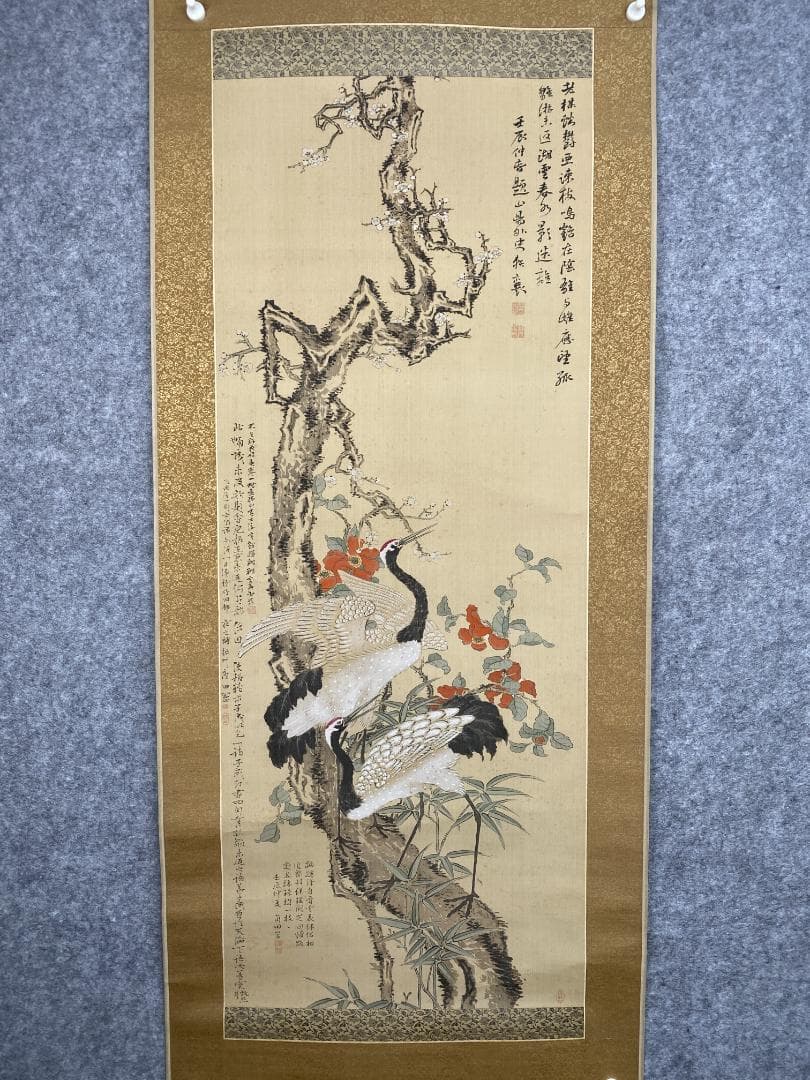 頼山陽 田能村竹田【複製】歳寒三友双鶴図 日本画 絹本 掛軸23100305