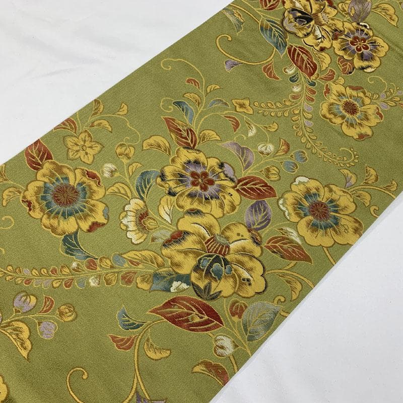 509my57◇辻が花 オリエンタルな色調 オリーブグリーン 六通 袋帯◇美