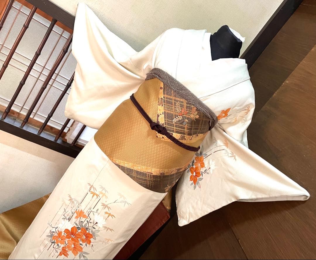 訪問着 フルセット5点サイズM〜L手描き友禅正絹 太鼓柄袋帯