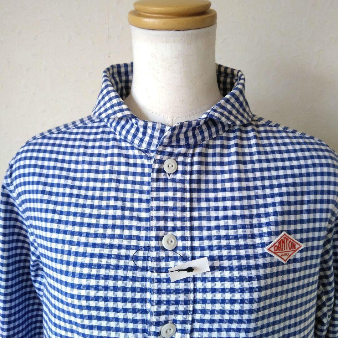 美品 DANTON ダントン 丸襟プルオーバーシャツ 青 ギンガムチェック 36