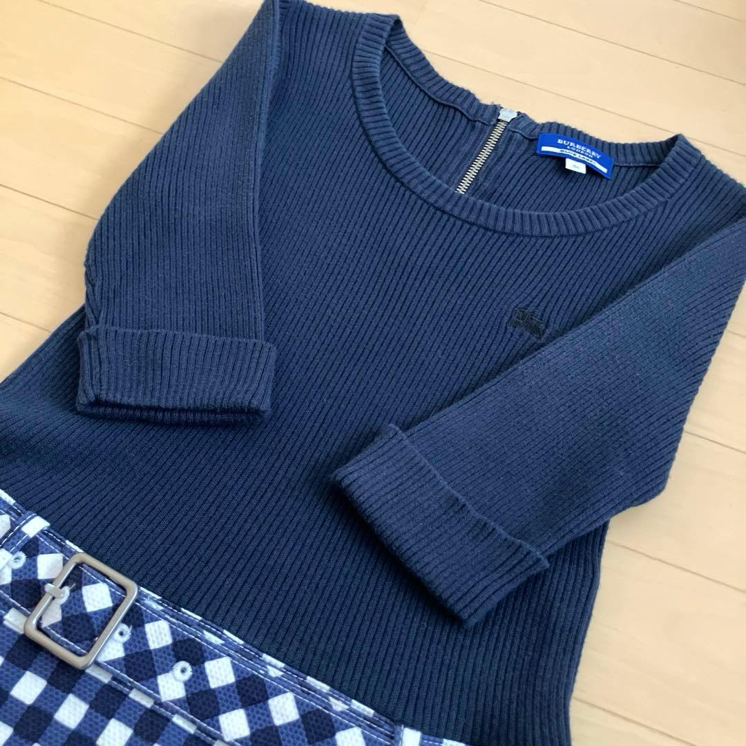 バーバリーブルーレーベル 五分袖 ワンピース ベルト付き チェック 紺