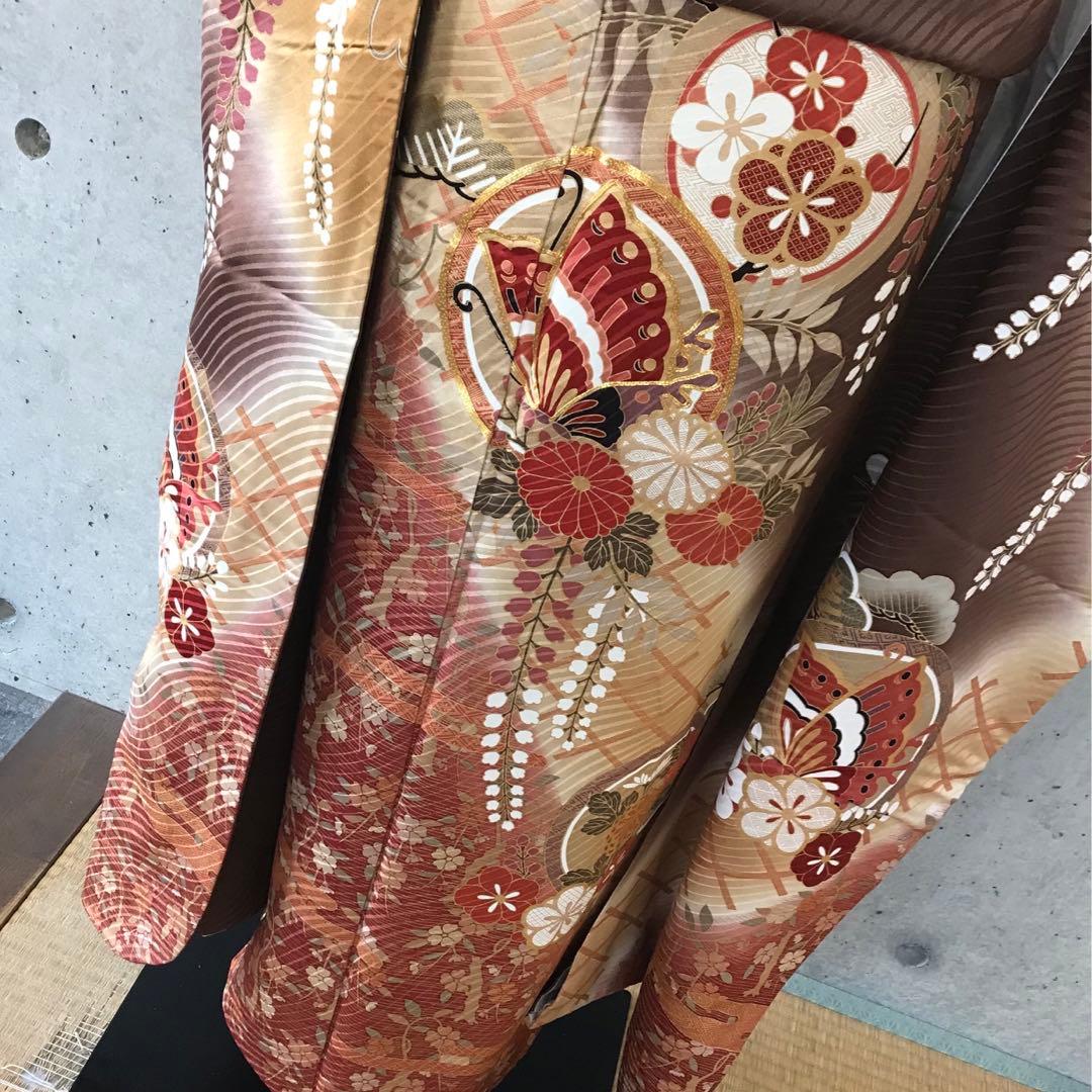 帯サービス】正絹 振袖 花蝶に金箔 染め分け