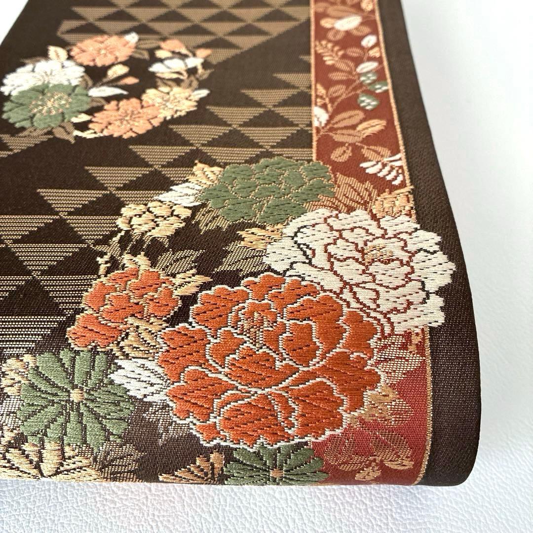 477半幅帯 小袋帯 長尺 正絹 西陣織 焦げ茶色 金通し豪華絢爛 小紋